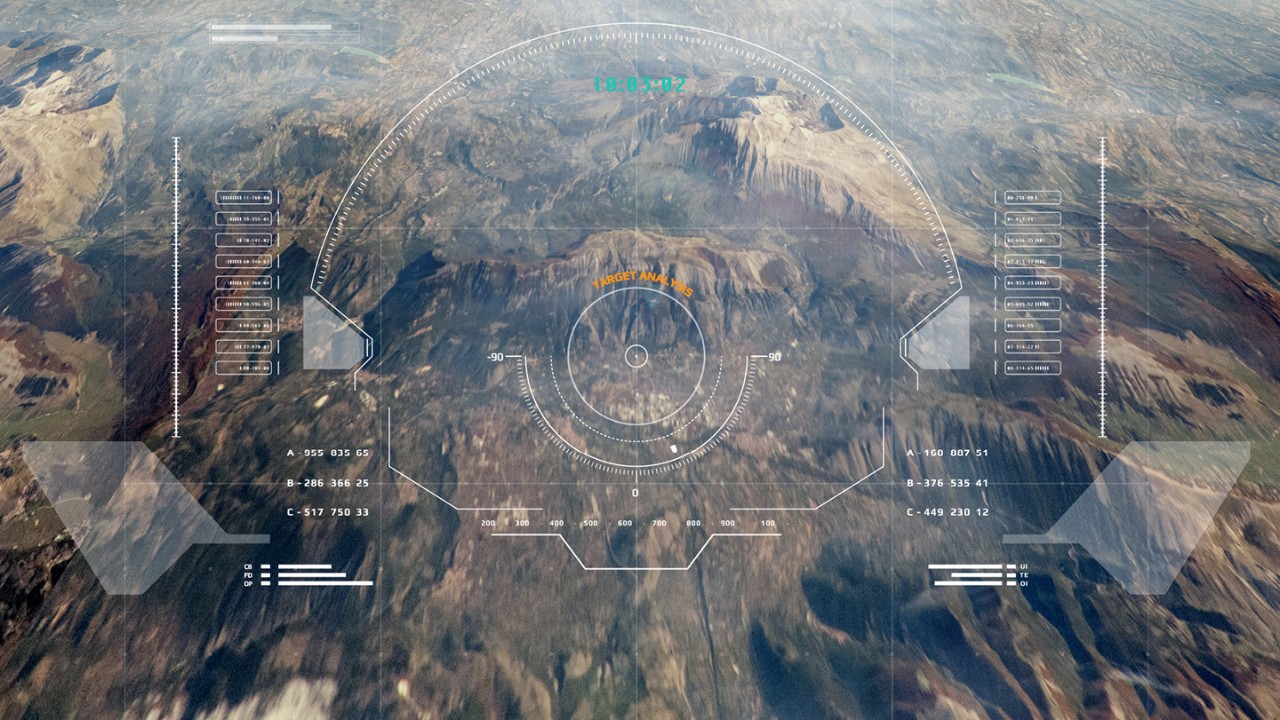 Fighter pilot surrounded by an airplane, a fighter jet and data connection lines.