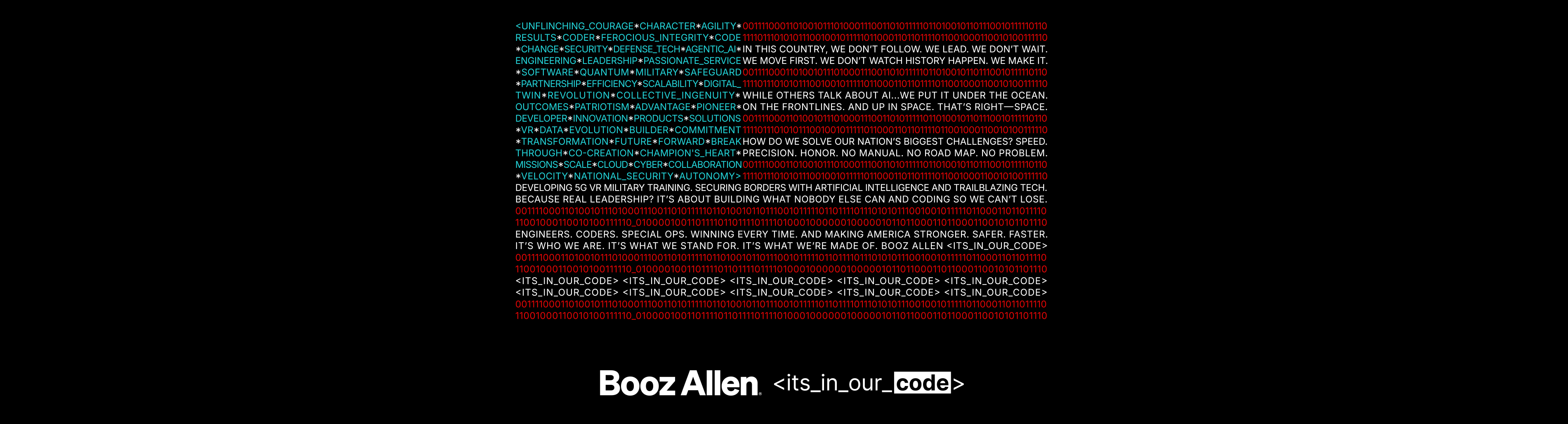 How do we solve our nations biggest challenges? Precisions, speed, honor. Booz Allen – It’s in our Code.